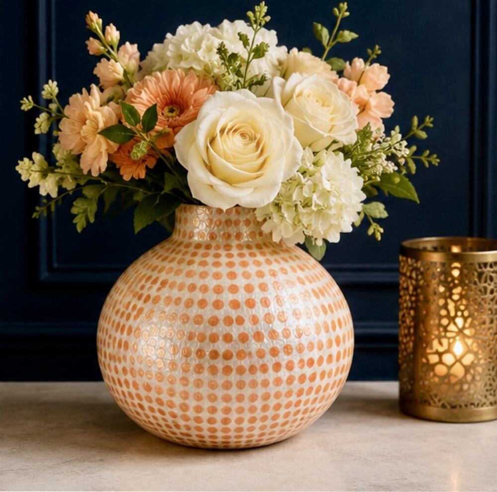 Vintage Capiz Shell Vase Orange Polka Dot Handcrafted Coastal Decor 8”